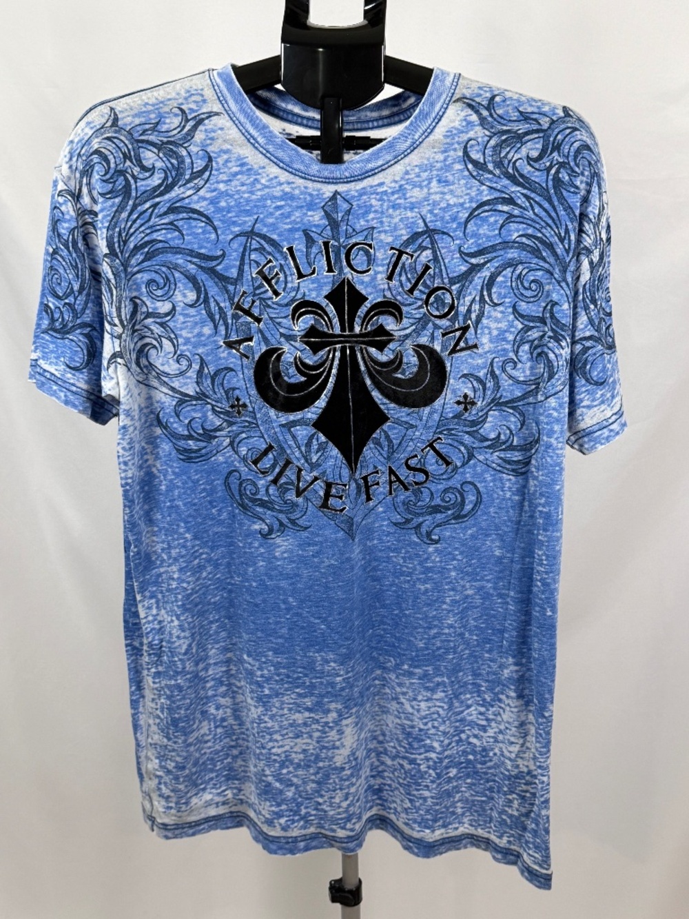 Vintage Affliction Live Fast XL Blue Flocked Fleur de Lis Y2K Tee